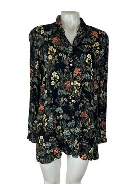 J.Jill black floral button down long sleeve rayon tunic blouse size Medium